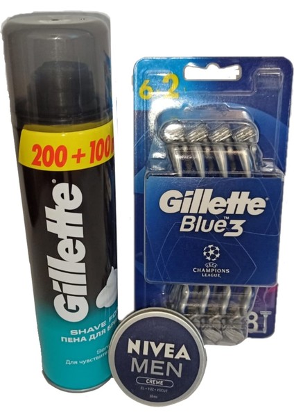Şampiyonlar Ligi Özel 8'li Blue 3 Tıraş Bıçağı + Tıraş Köpüğü + Nivea Men Krem 30 ml