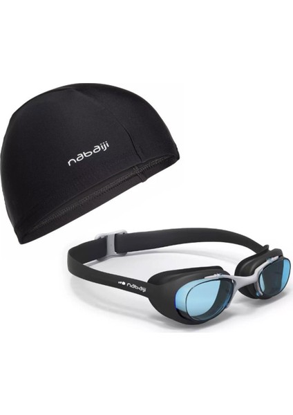 Yetişkin (L) Boy Yüzücü Gözlüğü + Kumaş Yüzücü Bonesi (Siyah)