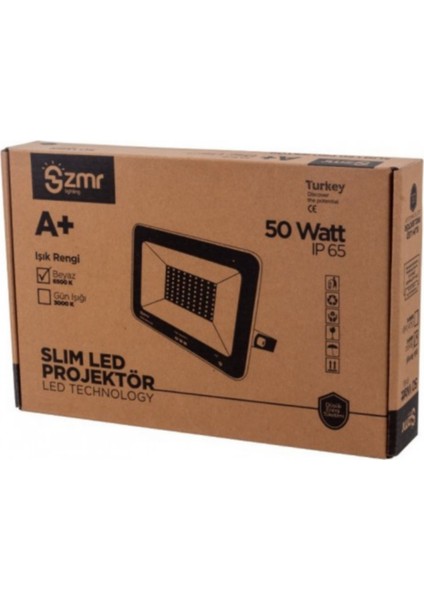 IP65 50 Watt 220V Slim Kasa LED 6500K Beyaz Projektör