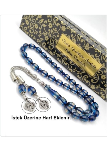 Mavi Sürmeli Sıkma Kehribar Tesbih 925 Ayar Gümüş Püsküllü Sertifikalı