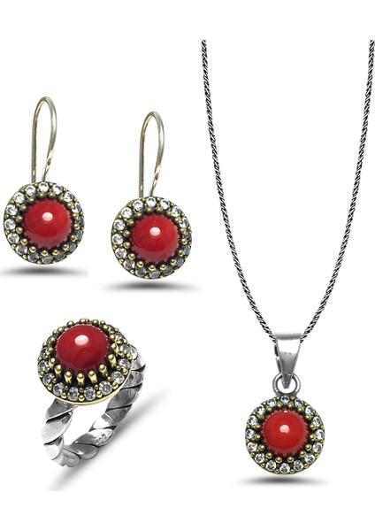 Mercan Taşlı El Işi Otantik Gümüş Üçlü Set