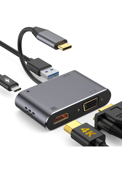 Type-C 4 In 1 4K HDMI VGA USB 3.0 Type-C Şarj Girişli Adaptör