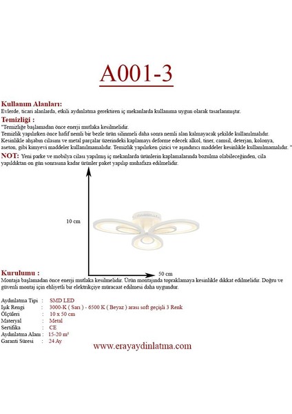 Eray Aydınlatma A001-3 Dimmer Kumandalı Led Avize