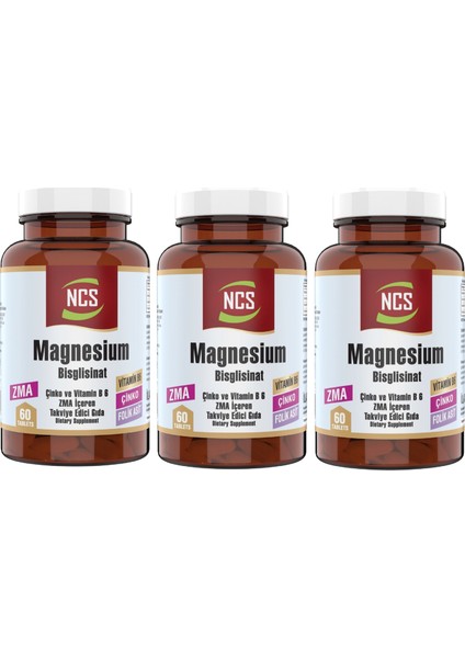 Magnesium Bisglisinat 3 Kutu 180 Tablet Çinko Folic Acid Vitamin B 6 Magnezyum