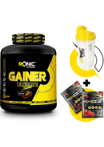 Ronic Nutrition Gainer Ultimate 3000 G Karbonhidrat Tozu + Shaker ve 2 Adet Tek Kullanımlık Whey Protein