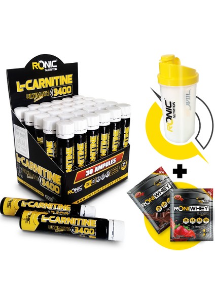 L - Carnitine 3400 Ultimate 30 Ampul (Böğürtlen Aromalı) + Shaker ve 2 Adet Tek Kullanımlık Whey Protein