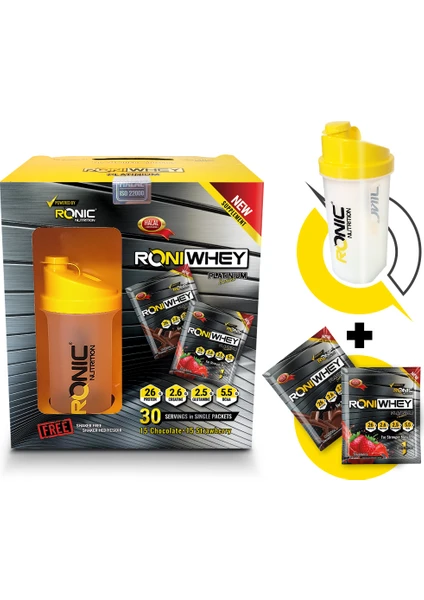 Ronic Nutrition Roniwhey Platinium 30 Şase Protein Tozu 1350 gr + Shaker ve 2 Adet Tek Kullanımlık Whey Protein