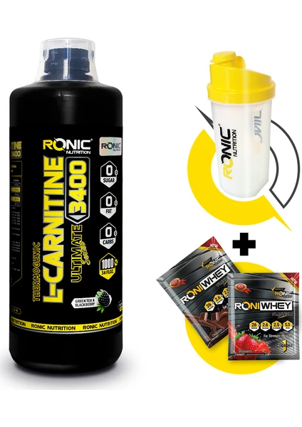 Ronic Nutrition L - Carnitine 3400 Ultimate Thermogenic 1000 ml (Böğürtlen Aromalı) + Shaker ve 2 Adet Tek Kullanımlık Whey Protein