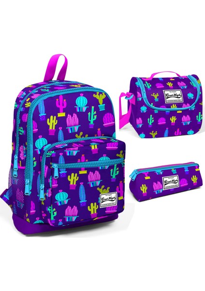 Coral High Dört Bölmeli Kaktüs Desenli Okul Sırt Çantası Beslenme Kalemlik Set 23108
