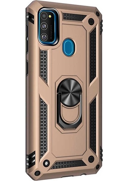 Samsung Galaxy A21s Kılıf Tank Koruma Vega Standlı Yüzüklü Mıknatıslı Gold