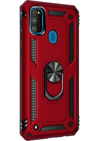Samsung Galaxy A21s Kılıf Tank Koruma Vega Standlı Yüzüklü Mıknatıslı Kırmızı