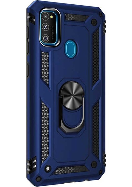 Samsung Galaxy A21s Kılıf Tank Koruma Vega Standlı Yüzüklü Mıknatıslı Lacivert