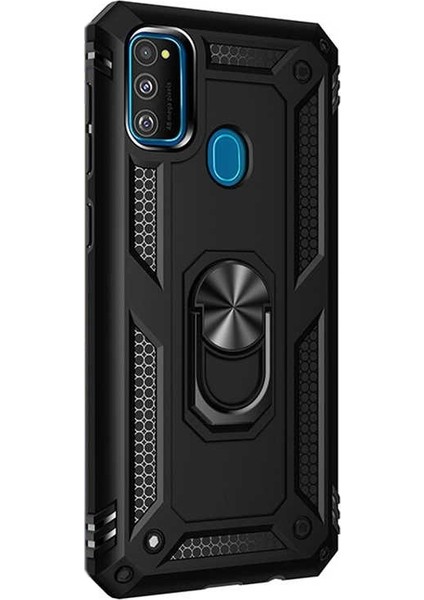 Samsung Galaxy A21s Kılıf Tank Koruma Vega Standlı Yüzüklü Mıknatıslı Siyah