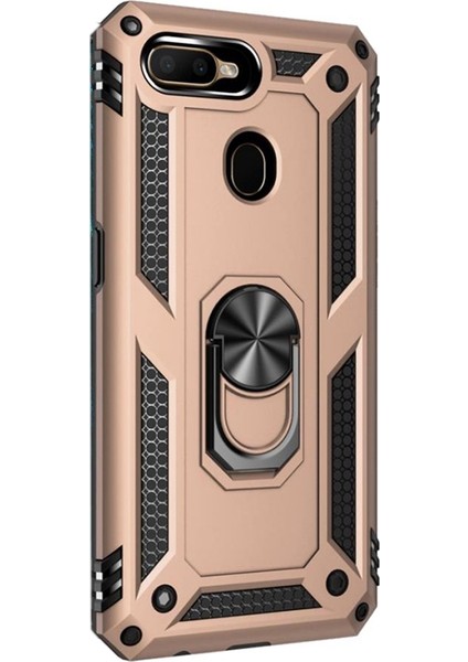Oppo A12 Kılıf Tank Koruma Vega Standlı Yüzüklü Mıknatıslı+Nano Glass Gold