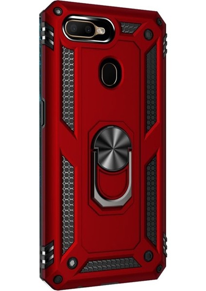 Oppo A12 Kılıf Tank Koruma Vega Standlı Yüzüklü Mıknatıslı+Nano Glass Kırmızı