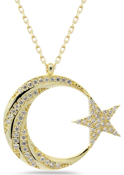 Taşlı Ay Yıldızlı Gümüş Kolye