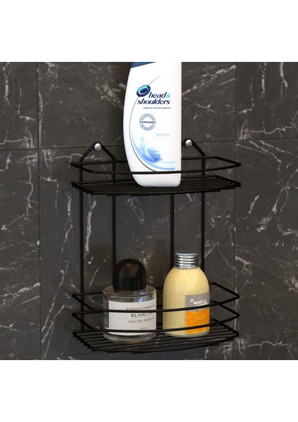 2 Katlı Banyo Duş Rafı Mat Siyah Bk008