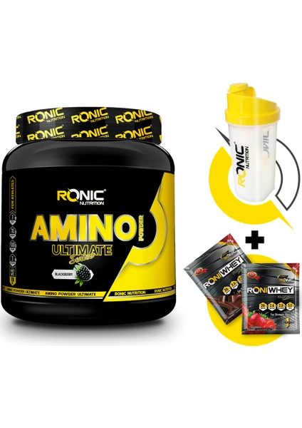 Ronic Nutrition Amino Powder Ultimate 750 gr (Böğürtlen Aromalı) + Shaker ve 2 Adet Tek Kullanımlık Whey Protein