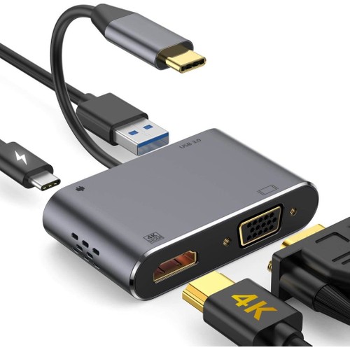 Techmaster Type-C 4 In 1 4K HDMI VGA USB 3.0 Type-C Şarj Girişli Adaptör