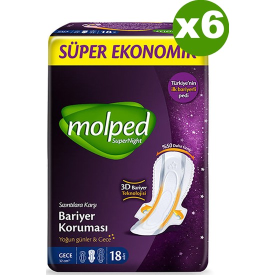 Molped Super Night Gece Hijyenik Ped Avantaj Paketi 18'li x 6 Adet