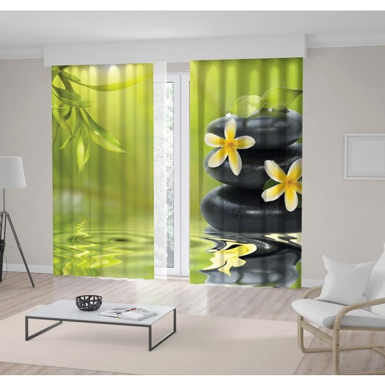Henge Spa Taşları Yeşil Nilüfer Çiçek Desenli Fon Perde 300 x 160 cm