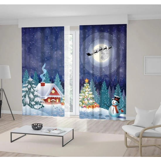 Henge Yılbaşı Kardan Adam Noel Ağacı Kar Desenli Fon Perde 300 x 220 cm