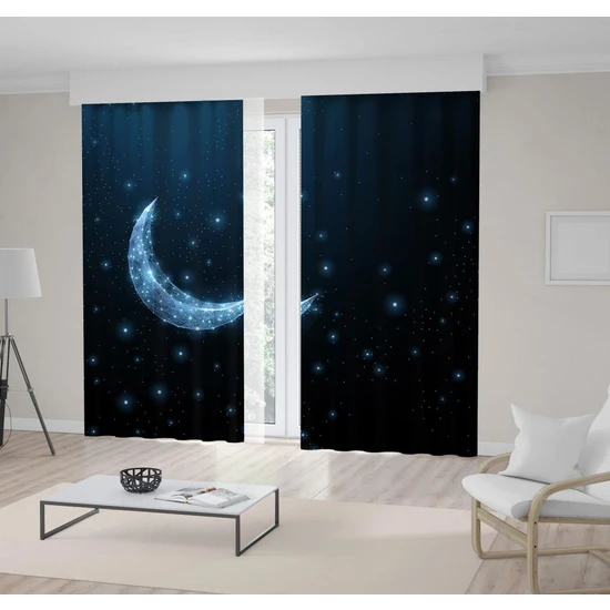 Henge Hilal Ay Yıldız Desenli Mavi Fon Perde 300 x 160 cm