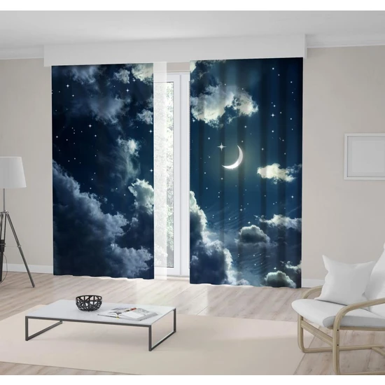 Henge Mavi Bulut Gece Işıltılı Ay Gökyüzü Desenli Fon Perde 300 x 160 cm