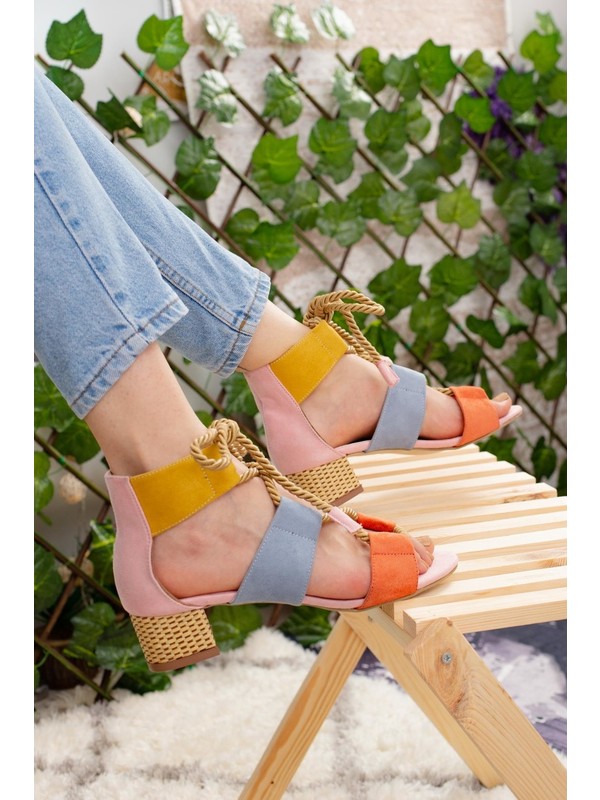 Limoya Kennedy Pudra Neon Rugan Hasır Topuklu Halat Detaylı Sandalet