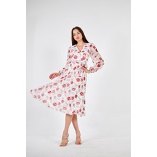 Ceylen Kruvaze Yakalı Uzun Kollu Şifon Kloş Midi Elbise