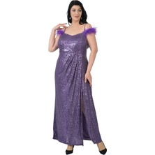 Lilas Xxl Büyük Beden Mor Renkli Ip Askılı Pul Payetli Uzun Elbise