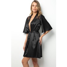 Doremi Kadın Sırtı Dantelli Siyah Saten Sabahlık Zarif Desenli Rahat Kesim