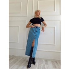 Key Moda Kadın Önden Yırtmaçlı Denim Etek Buz Mavi