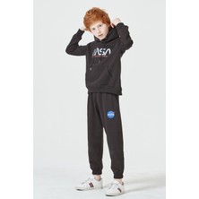 Black One Unisex Çocuk Lila Nasa Baskı Detaylı Oversize Kapüşonlu Eşofman Takımı