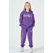 Black One Kız Çocuk Unisex  Nasa Baskı Detaylı Oversize Kapüşonlu Çocuk Eşofman Takımı