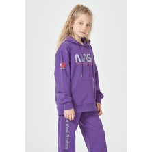 Black One Kız Çocuk Unisex  Nasa Baskı Detaylı Oversize Kapüşonlu Çocuk Eşofman Takımı