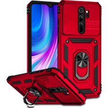 Eabhulie Xiaomi Redmi Note 8 Pro Için Halka Ayaklı ve Kayar Kamera Kapaklı Telefon Kılıf - Kırmızı (Yurt Dışından)