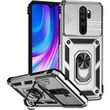 Eabhulie Xiaomi Redmi Note 8 Pro Için Halka Ayaklı ve Kayar Kamera Kapaklı Telefon Kılıf - Gümüş (Yurt Dışından)