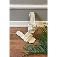 New Optimal Alex  Büzgülü Taş Işleme Kemerli Terlik - Beyaz - 37