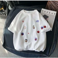 Kids Face Özel Tasarım Bisiklet Yaka Kurabiye Canavarı Baskılı %100 Pamuk Oversize Kız Çocuk  T-Shırt