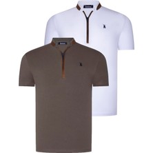 Dewberry Ikili Set T8571 Dewberry Fermuarlı Erkek T-Shırt-Beyaz-Haki
