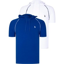 Dewberry Ikili Set T8570 Dewberry Kapşonlu Erkek T-Shırt-Beyaz-Saks