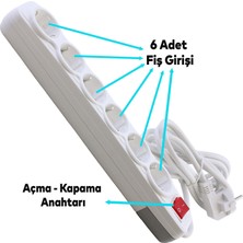Badem10 Grup Priz 6'lı Altı Gözlü Anahtarlı Topraklı 2 Metre Seyyar Ara Kablolu Uzatma Kablolusu Altılı Piriz Kablo