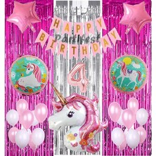 Parti Station Pembe Unicorn Konsept 4 Yaş Balon Set Gökkuşağı Unicorn Doğum Günü Yaş Balon Set