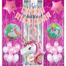 Parti Station Pembe Unicorn Konsept 3 Yaş Balon Set Gökkuşağı Unicorn Doğum Günü Yaş Balon Set