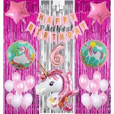 Parti Station Pembe Unicorn Konsept 6 Yaş Balon Set Gökkuşağı Unicorn Doğum Günü Yaş Balon Set
