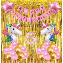 Parti Station Gökkuşağı Unicorn Konsept 5 Yaş Balon Doğum Günü Set Gökkuşağı Altın Renk Unicorn Yaş Balon Set