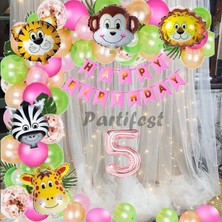 Parti Station Kız Çocuk Safari Hayvanlar 5 Yaş Balon Set Pembe Safari Helyum Balon Set Safari Doğum Günü Set