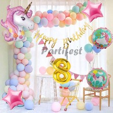 Parti Station Unicorn Konsept 8 Yaş Balon Doğum Günü Set Tek Boynuzlu At Unicorn Yaş Balon Set