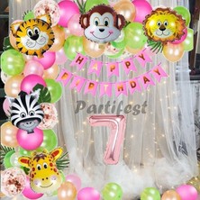 Parti Station Kız Çocuk Safari Hayvanlar 7 Yaş Balon Set Pembe Safari Helyum Balon Set Safari Doğum Günü Set